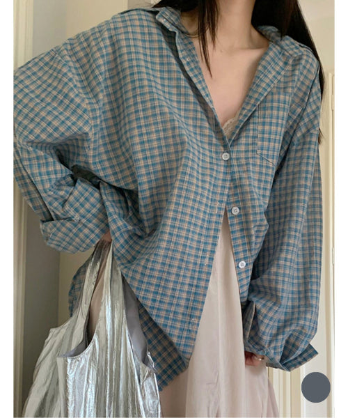 Casual Loose Fit Pocket Small Check Long Sleeve Shirt (WIBCBL025)