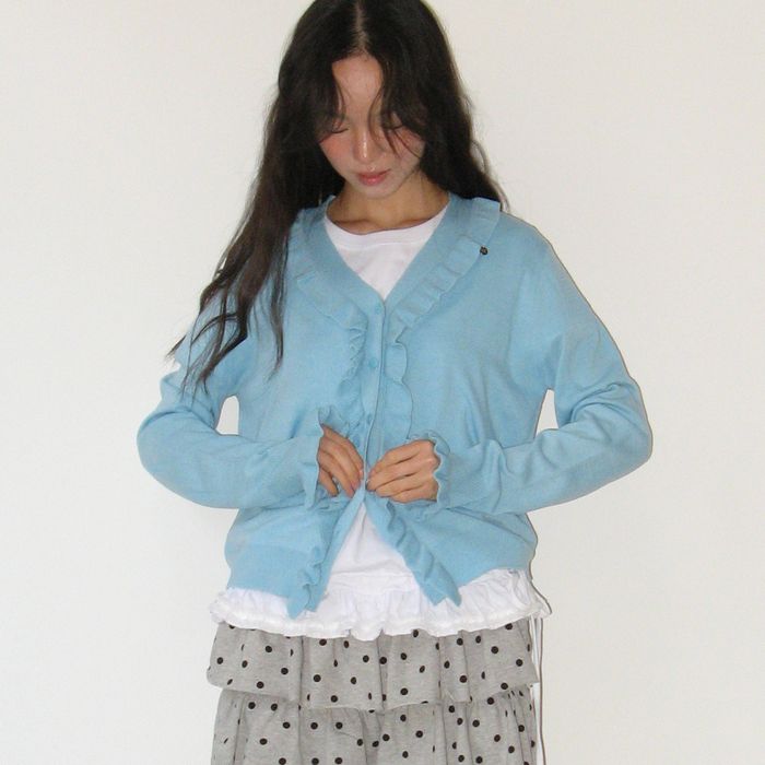 SIDE RUFFLE V NECK KNIT CARDIGAN SOFT BLUE