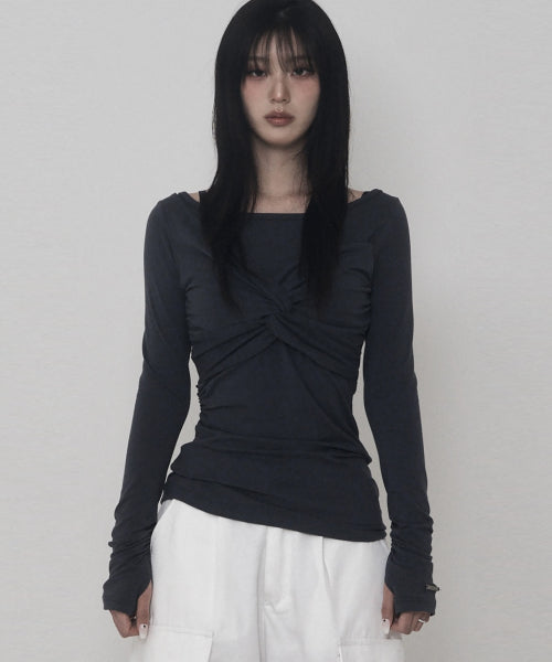 ETRE AU SOMET Shirring Twist Layered Long Sleeve (Charcoal) - Size & Late Period | Musinsa