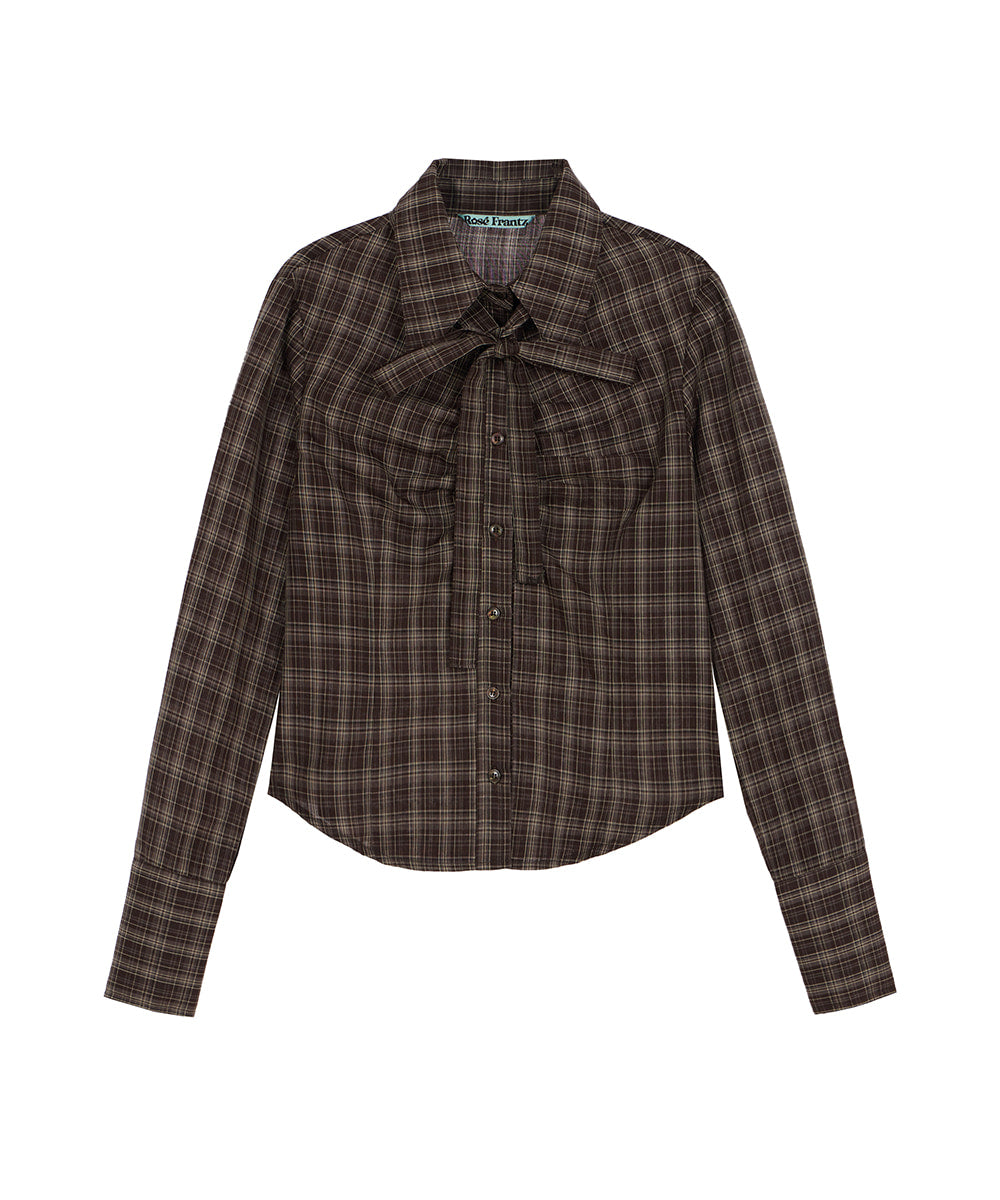 ROSEFRANTZ Check Shirring Tie Shirt [Brown]