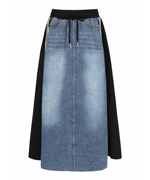 Fabric Color Block Denim Washed Banding Long Skirt (BW4SK002L0)