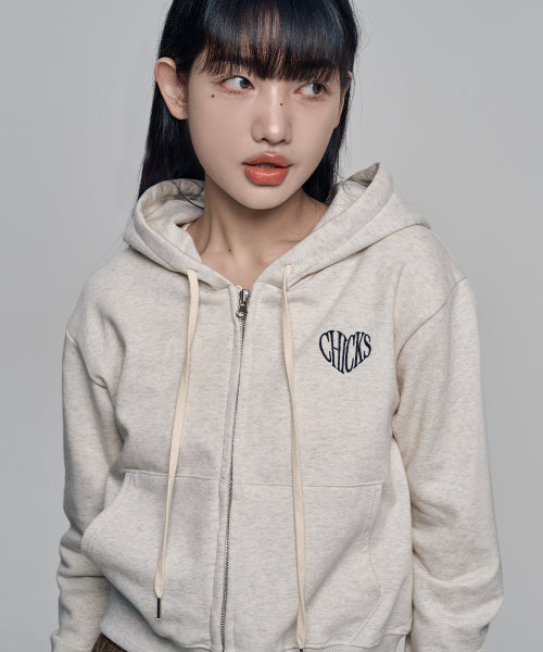 Thin Heart Crop Hoodie Zip-Up Oatmeal