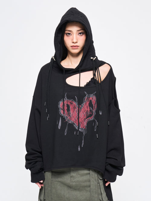 MULTI STRAP HEART HOODIE BLACK