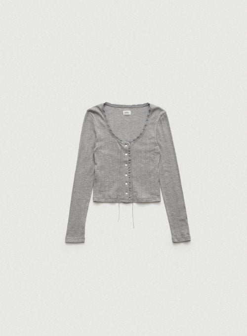 Ravioli Lace Trim Button Up Top (Gray)