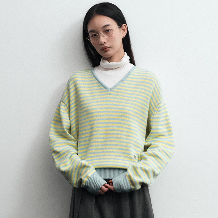 (Woman) V-neck Stripe Knitwear_Yellow