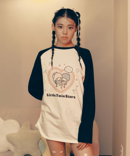 YOUHEE X LITTLE TWIN STAR HEART RAGLAN LONG SLEEVE BLACK