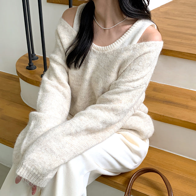 Joey Joy 💖40% Discount💖[Set Composition✌/Wool 8%] Elado Layered Off-Shoulder Winter Oversized Fit Pork Sleeveless Long-Sleeved Knitwear Set