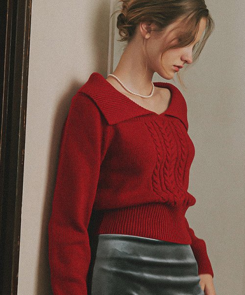 Big Collar Cable Crop Knit Red