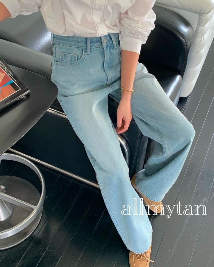 All Mytan London lace London lace rosé jeans denim pants cotton light blue straight wide jeans
