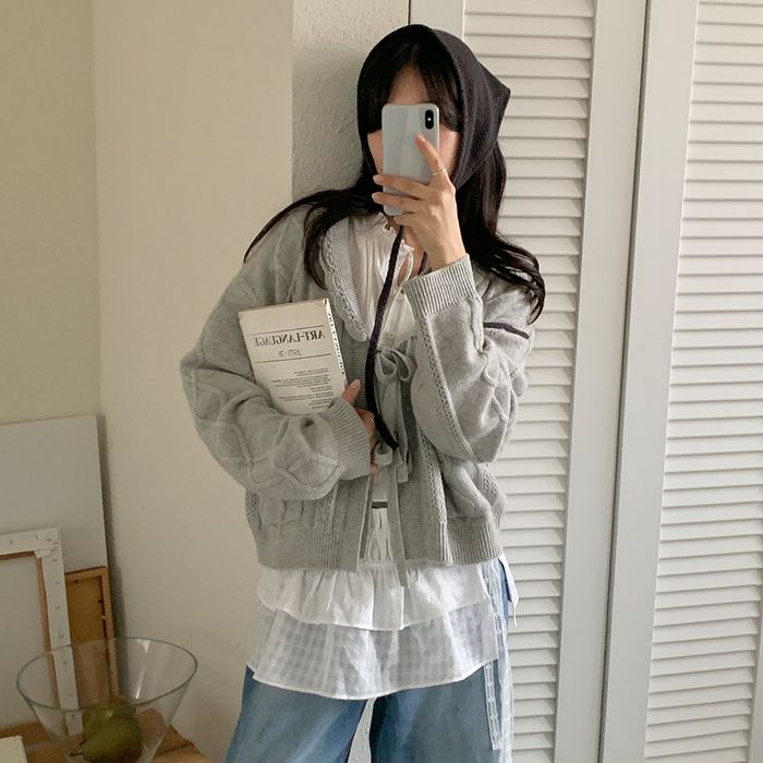 [29CM단독] HANDMADE LACE SHAWL COLLAR CARDIGAN_GREY
