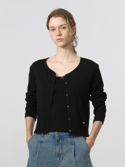 eyelet sleeveless cardigan set - black