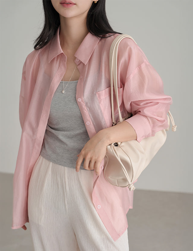 Tool Women's Shirt Loose Fit Tencel See-Through Shirt Blouse 80934