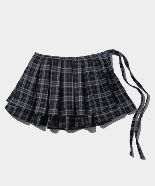 [Lara Jean X SOME] Frill Check Layered Cotton Wrap Short Pleated Skirt [Black]