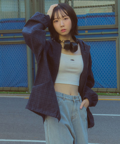 [Lara Jean X SOME] Plaid Check Two-Pocket String Oversized Casual Hooded Zip-Up [Blue]