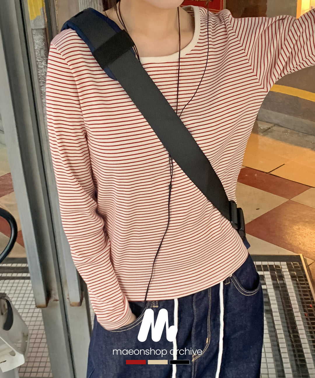 Myon Shop [Casual Mood🌷/Basic Item] #MADE LeVana Stripe Ribbed Long-Sleeved T-Shirt (44–88) (Sandara-Coloring Round Neck-Layered-Long Matem-Bony T-Shirt-Round Neck T-Shirt-Loose Fit-Interseasonal-Spring T-Shirt)