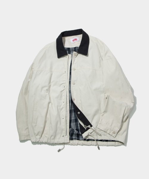 Color-contrasted corduroy collar barber hunting trucker jacket jumper [Ivory]