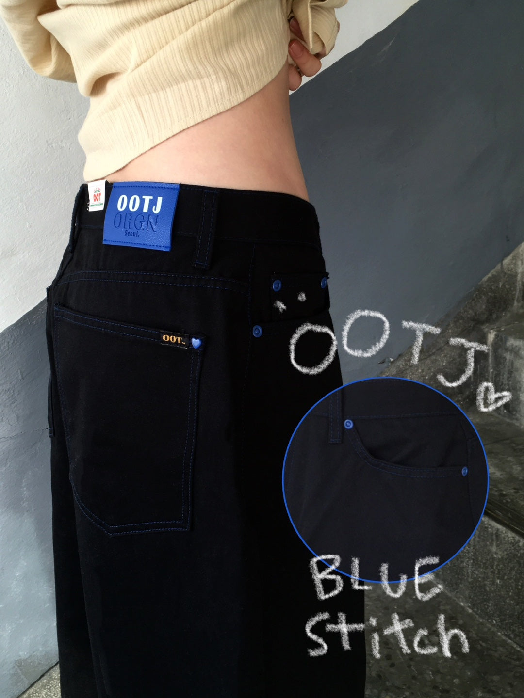 Com & Heima (OOTJ) Blue Stitch Cotton Pintuck Wide Pants