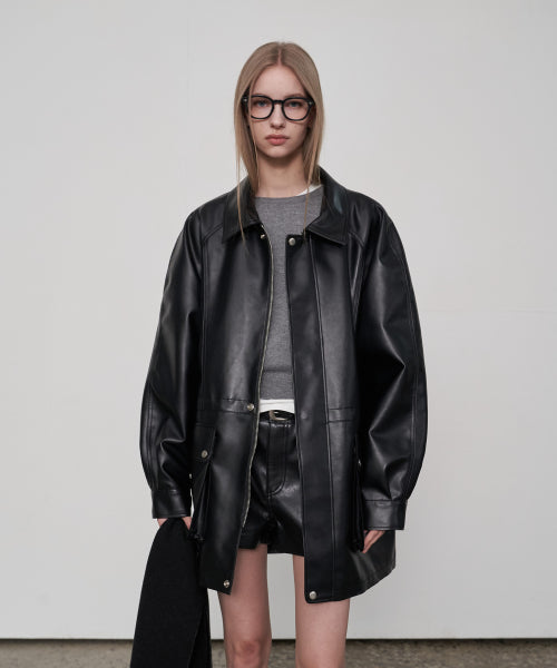 Black Oversized Leather Half Coat