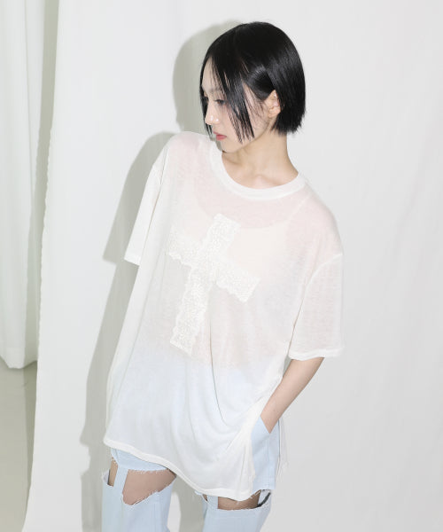 レースクロス 半袖 Tシャツ - アイボリー