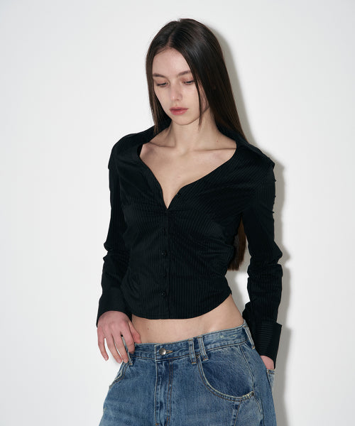 Chloe V Shirt Top (long ver.) (Black/Stripe)