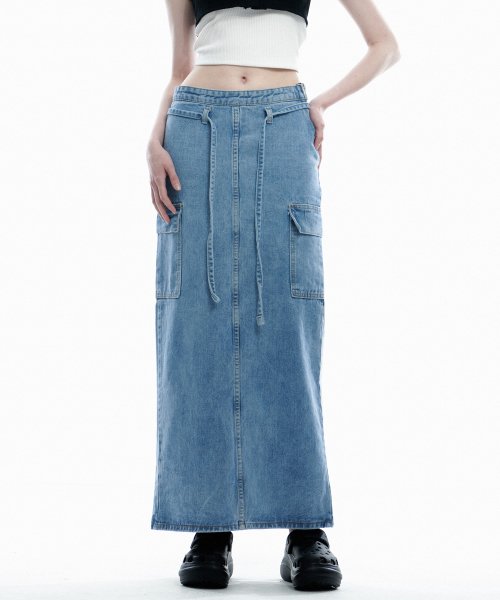Strap Point Cargo Denim Maxi Long Skirt