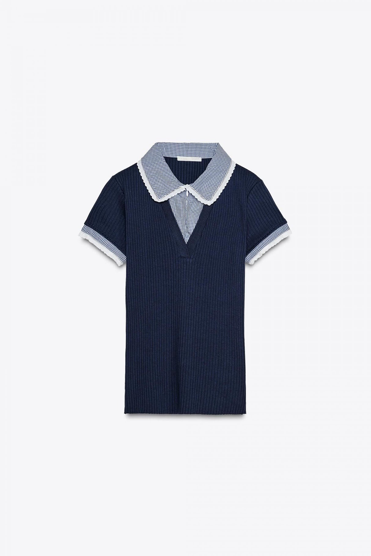 Spain Shop ZARA Peter Pan Collar V-neck T-shirt 0858/307 NAVY BLUE