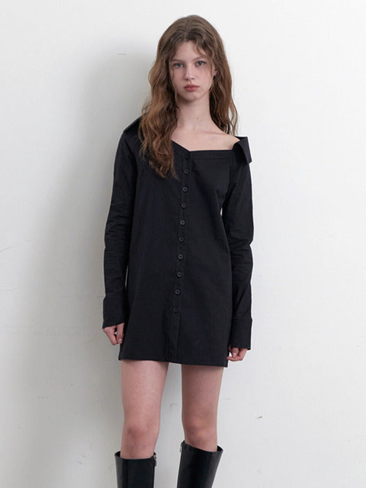 One off-shoulder shirt one-piece - black