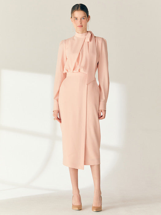 RAINA Tie Neck H-Line Dress (Coral Pink)