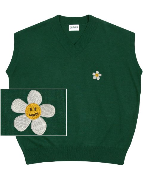[UNISEX] Flower Dot Embroidered Knit Vest_Green