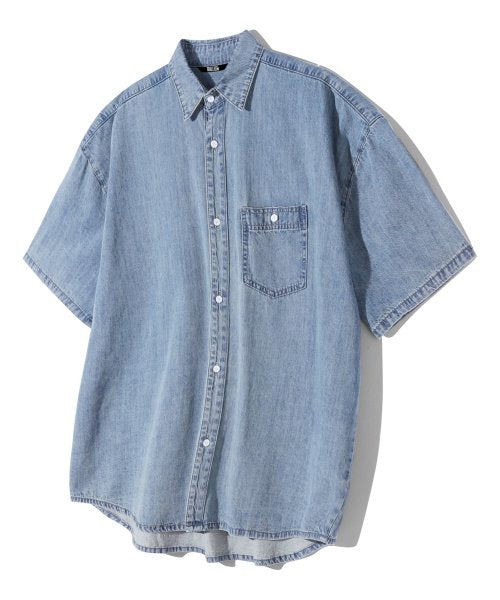 Stone Washing Oversized Denim Short Sleeve Shirt (Bleach Blue)