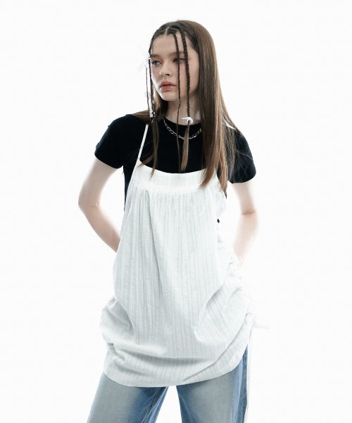 Layered String Shirring Sleeveless Mini Dress [Ivory]