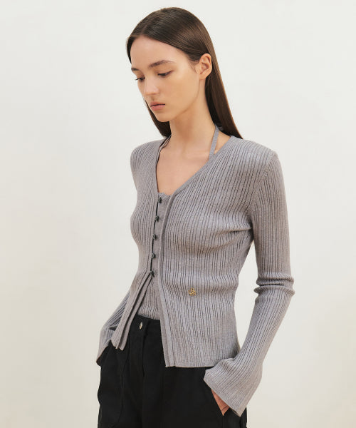 Ribbed Halterneck Sleeveless Cardigan Set_GREY