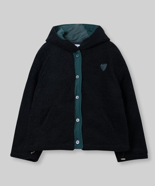 Wool Oversized Color-Block Embroidered Fleece Hooded Midi Jacket Jumper [Black]