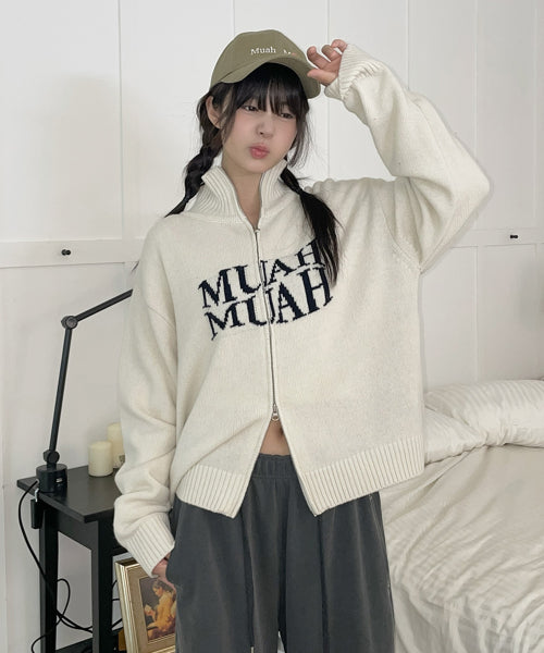 Lambswool Jacquard Knit Zip-up [Cream]