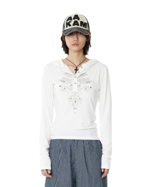 아캄(AAKAM)  Studded Leaf Hooded Long Sleeve (White) - 사이즈 & 후기 | 무신사