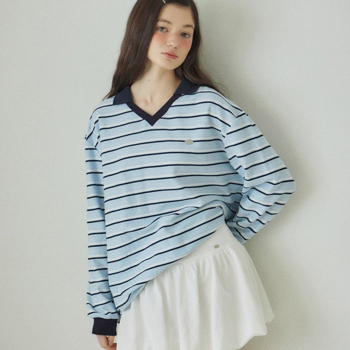 Stripe Collar Sleeve T-shirt - Sky blue