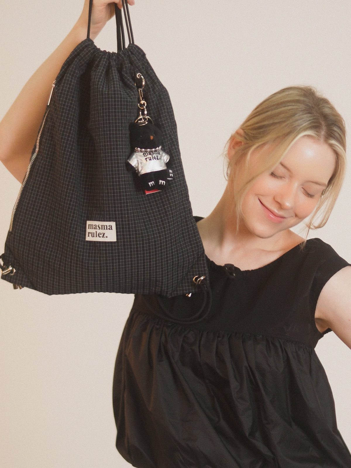 MASMARULEZ Gym sack string bag _ plaid check navy black