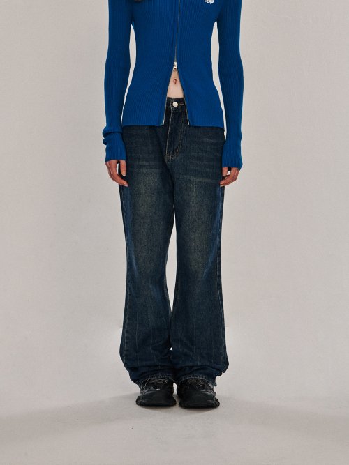 One Button Line Washing Semi Bootcut Denim Pants [Medium Blue]