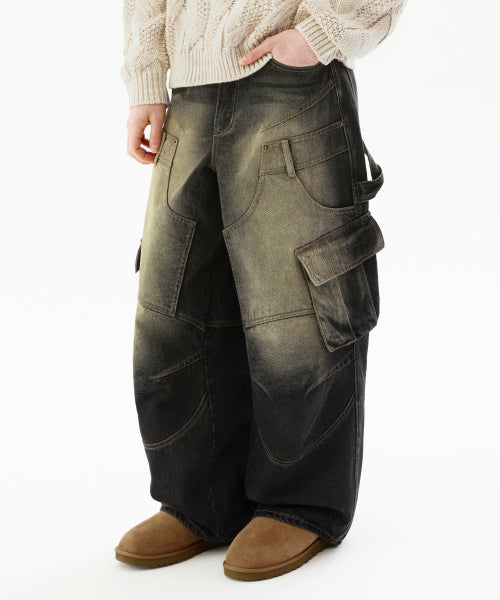 TRILLION Double Layer Carpenter Cargo Denim Pants [Yellow Black] - Size & Review | Musinsa