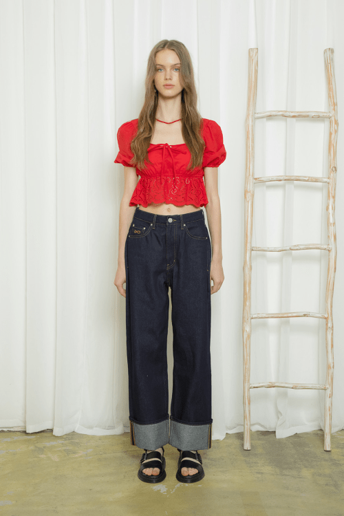 Square Neck Puff Blouse - Red