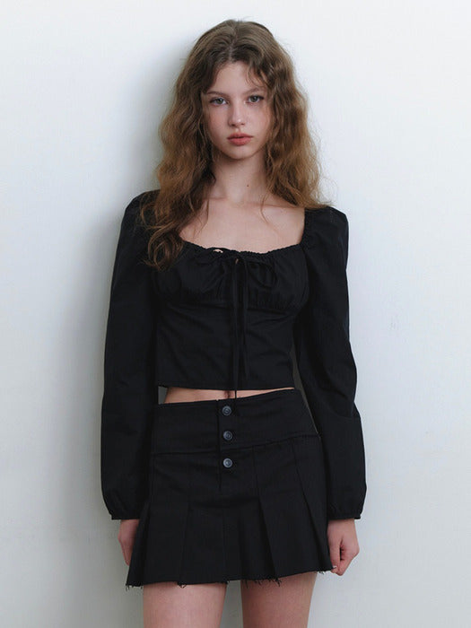 Ribbon point shirring blouse - black
