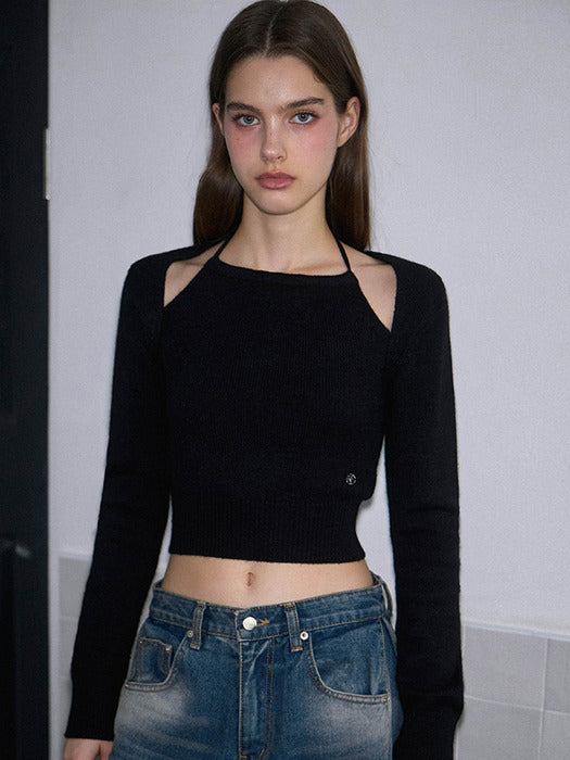 Cut-out Halter Neck Knit [Black]