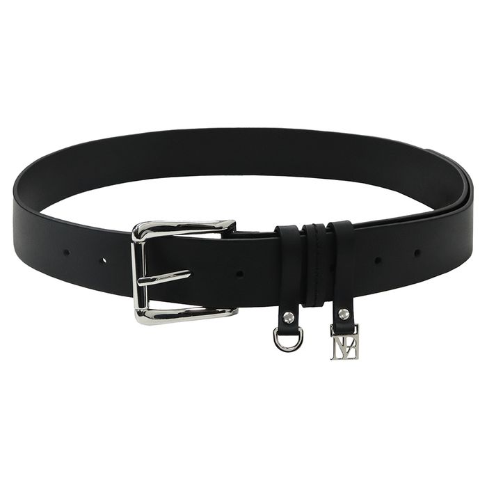 Wide buckle cowhide leather belt [ Black ]