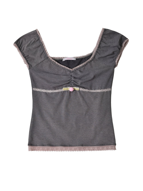 Rose Ribbon Pinstripe Top (Black)