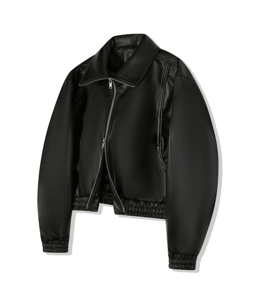 85-VIVA008 Curved Short Leather Jacket Black