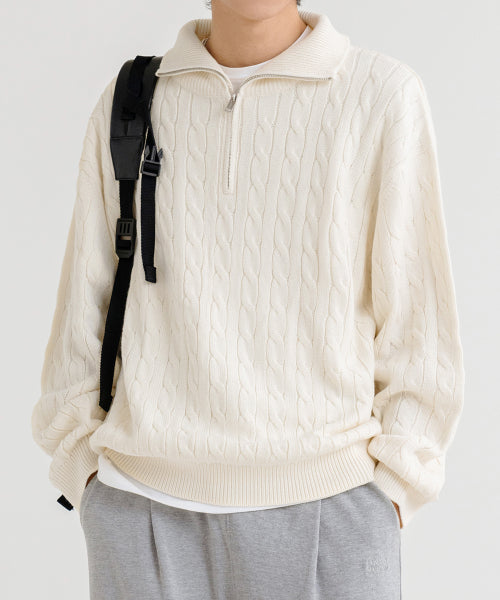 Overfit Volume Washable Half-Zip Cable Knit [Ivory]