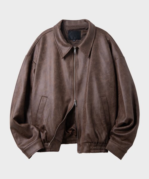 Vegan Suede Oversized Minimal Incision Straight Zip-Up Jacket [Brown]