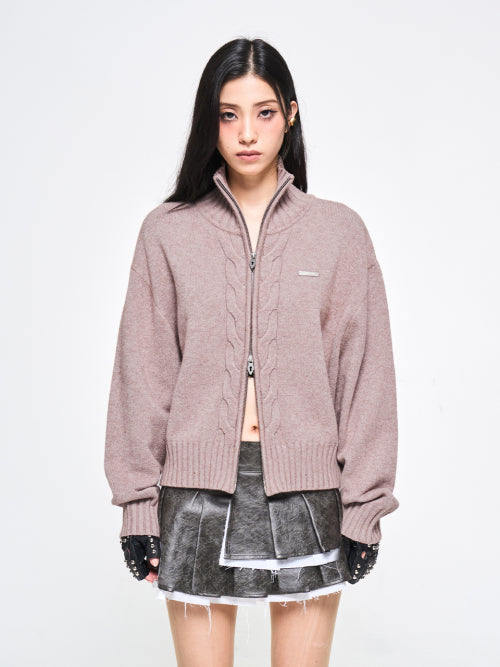 Cable Knit Metal Logo Zip-Up Pink