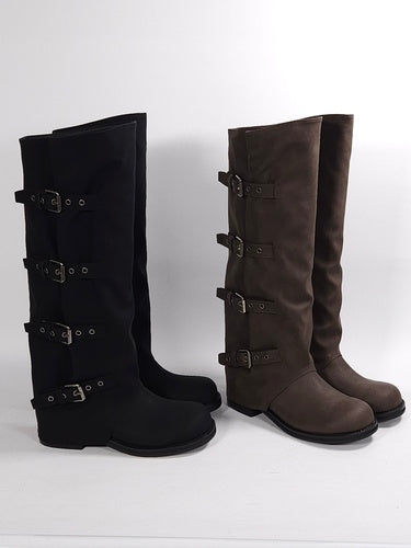 Shurella Shurella Vintage Manish High Quality Belted Buckle Foldover Folding Fluffy Cushion Women's Long Boots 4 cm