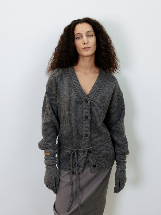 Ribbed Waist String Cardigan [Charcoal]